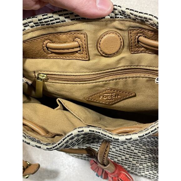 Fossil Claire Small Drawstring Bag Beige/Brown Woven W/Leather Trim Tassel 9x9 - Picture 9 of 14